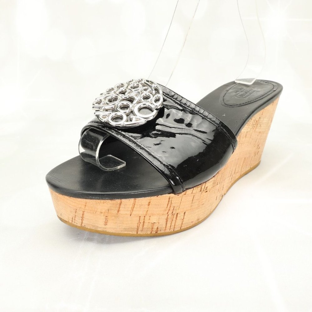 Coach Judith Cork Wedge Sandals Heels 8B Black W/Silver Emblem
